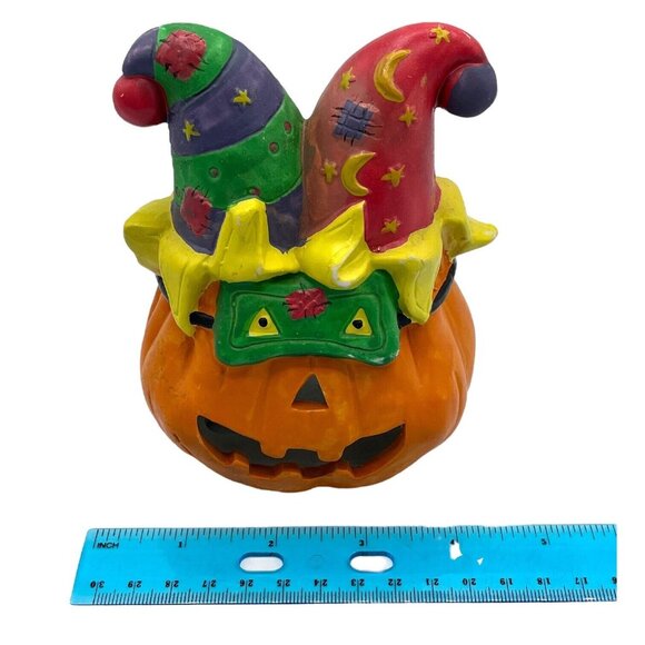 Ceramic Halloween Mardi Gras Jester Pumpkin Jack-O-Lantern Tea Light Holder - Picture 6 of 7